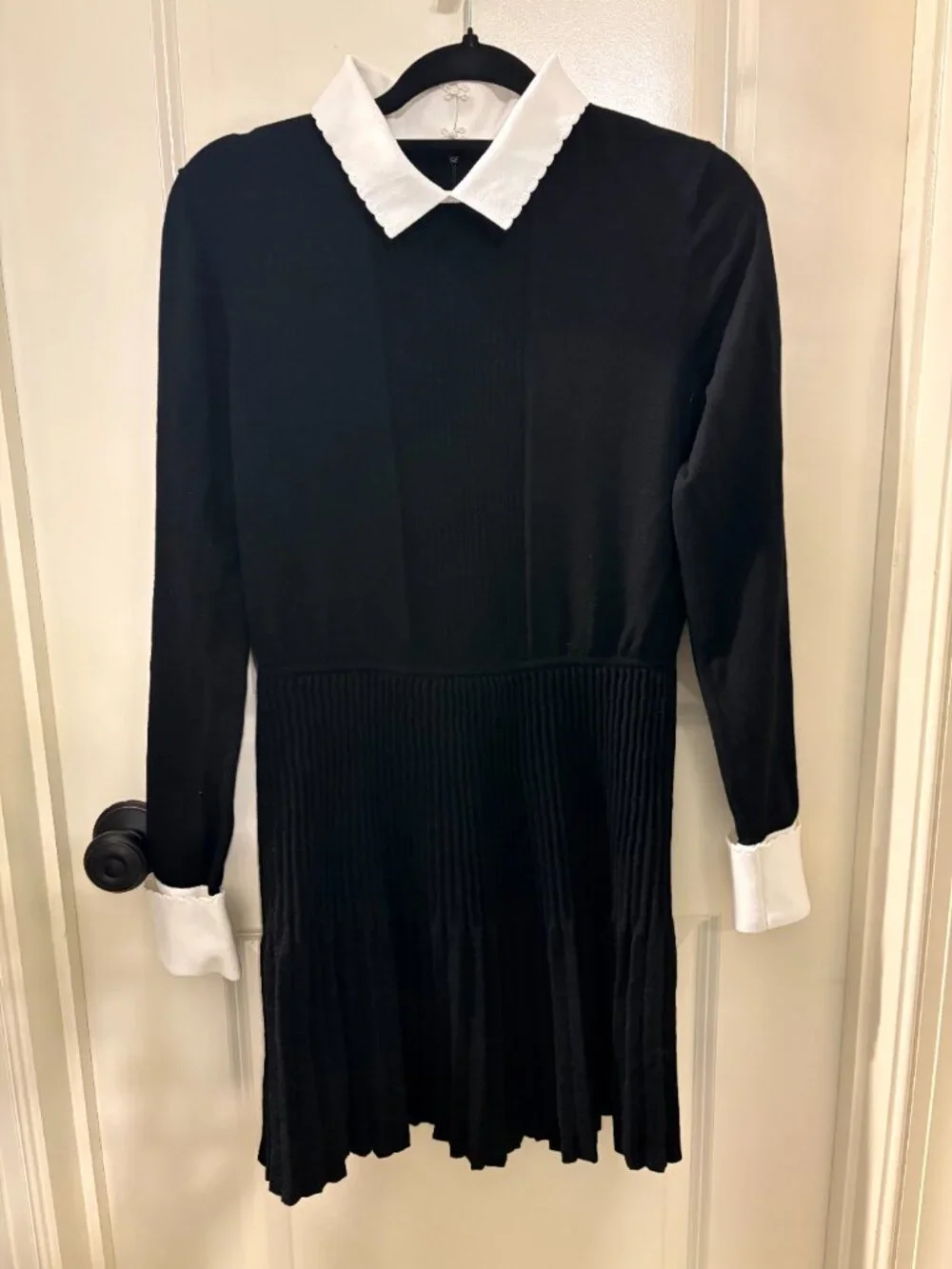 Tory Burch Wool Sweater Dress Large Black White Collar Pleated Knit Dress